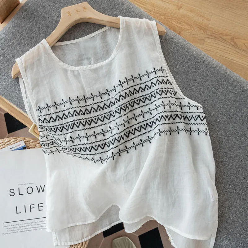 Summer Embroidered Loose Linen Vest