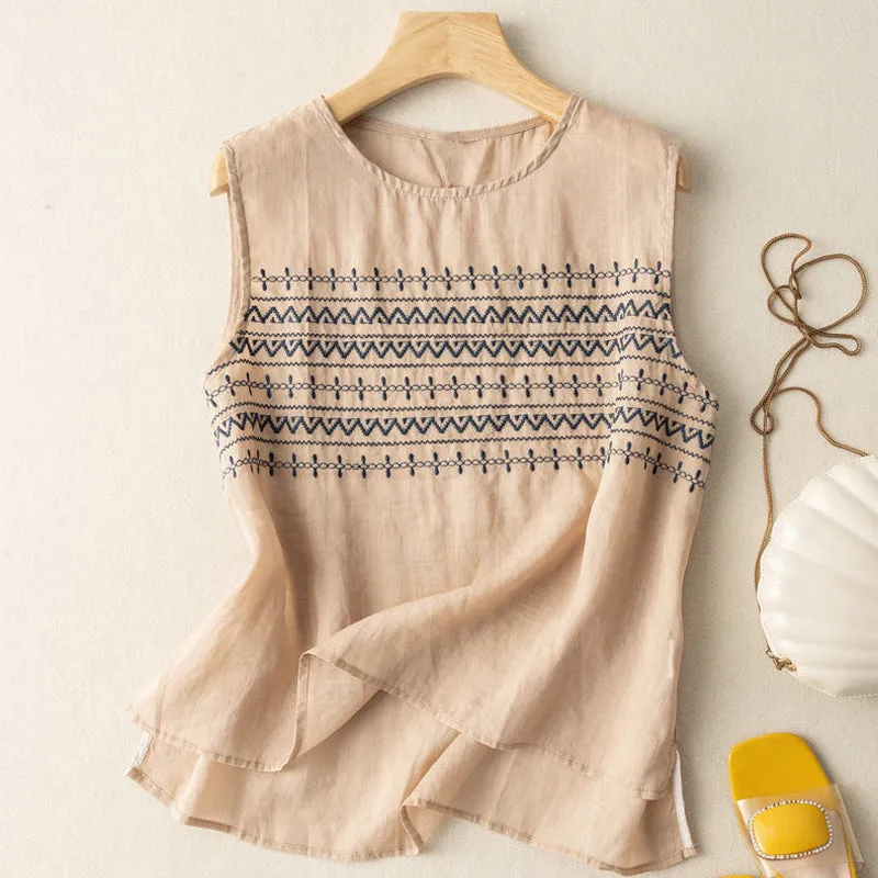 Summer Embroidered Loose Linen Vest