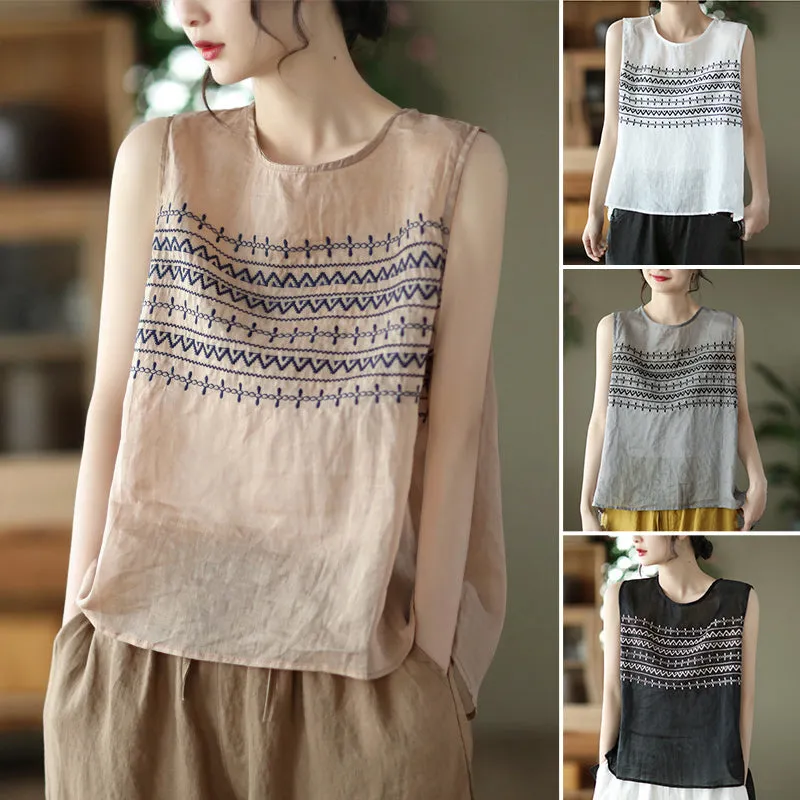 Summer Embroidered Loose Linen Vest