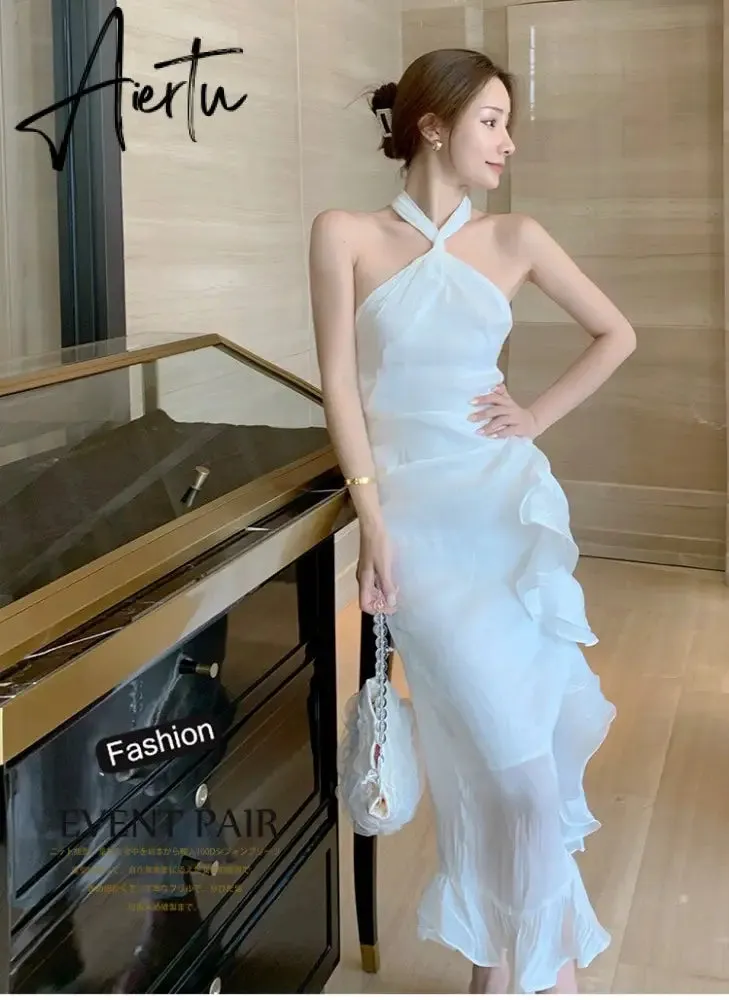 Summer Women Elegant Suspenders Midi Dress White Sexy Backless Ruffle Fishtail Dress Retro Luxury Ladies Clothing