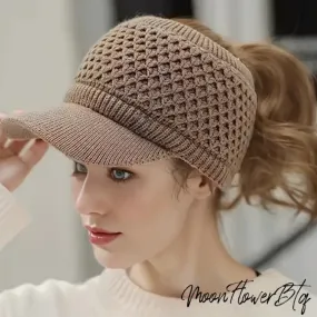 Tan Stretchy Knit Ponytail Hat