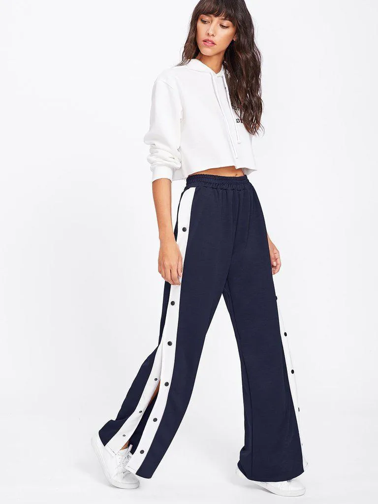 Tape Button Side Wide Leg Pants