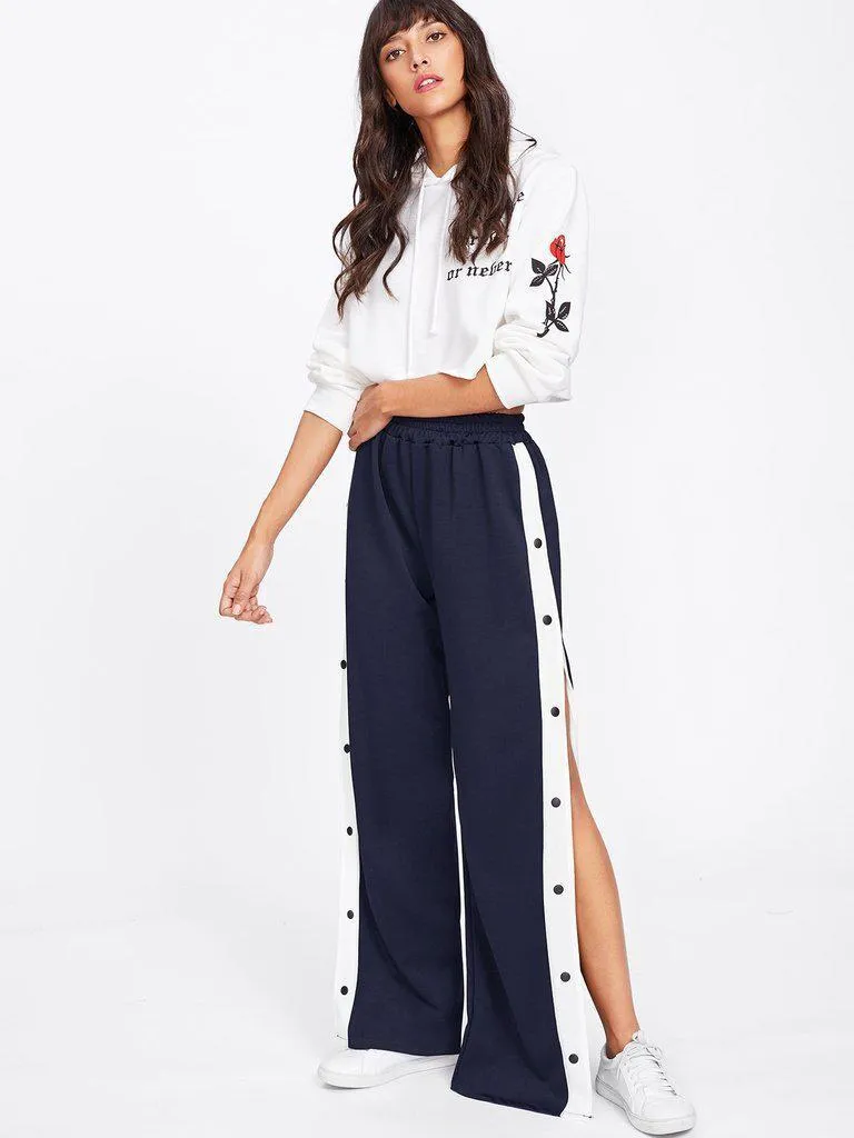 Tape Button Side Wide Leg Pants