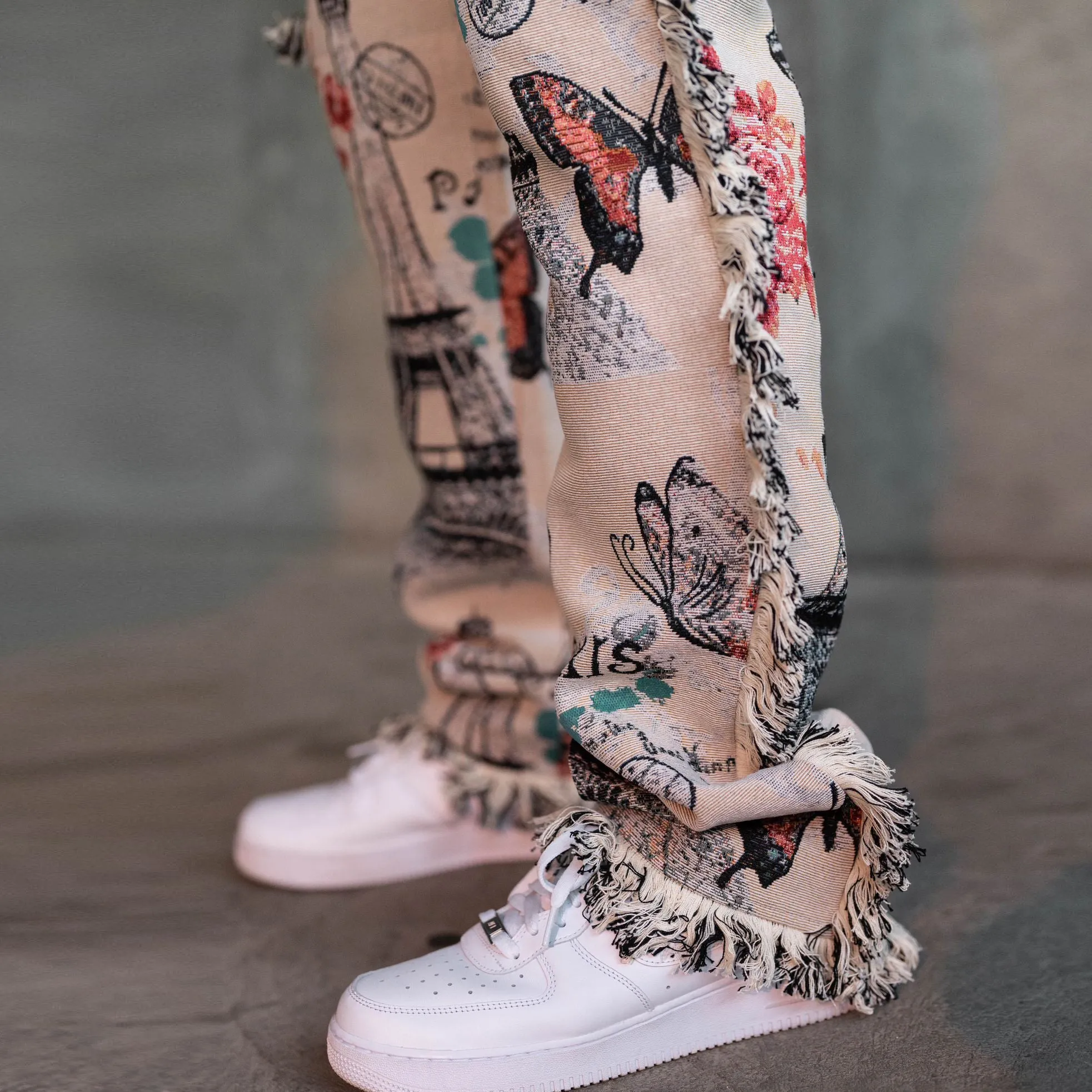 Tassel tapestry butterfly print street pants