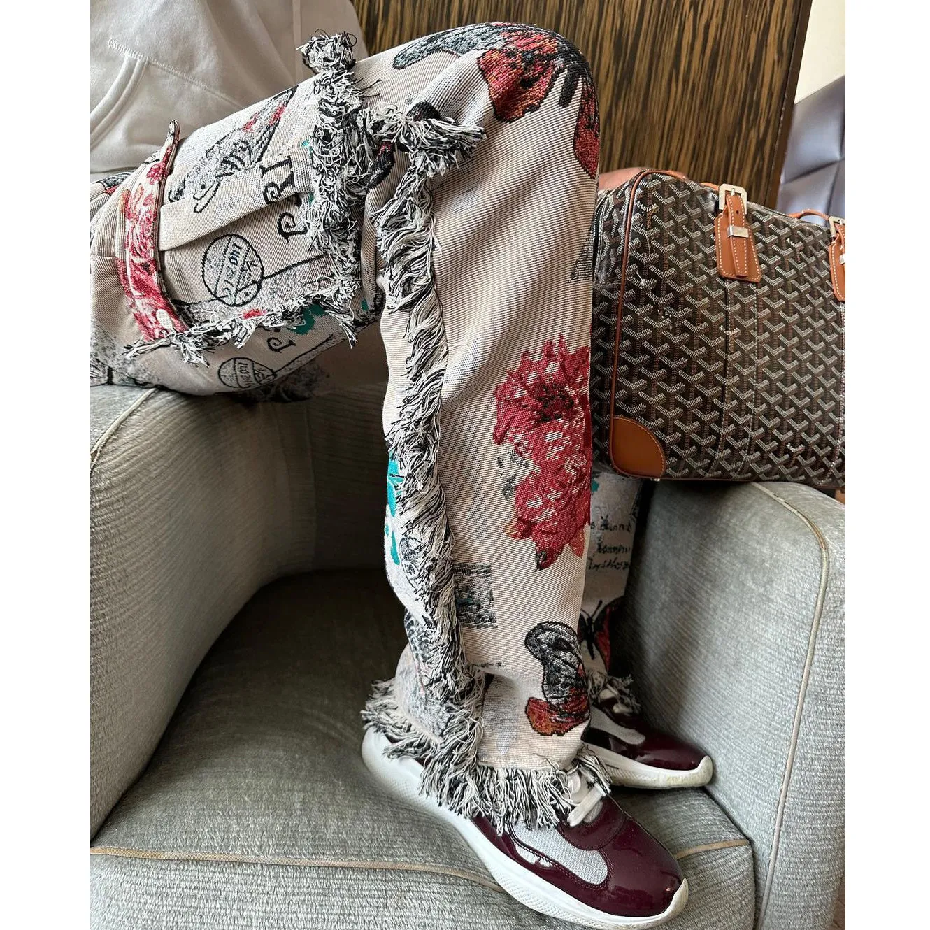 Tassel tapestry butterfly print street pants