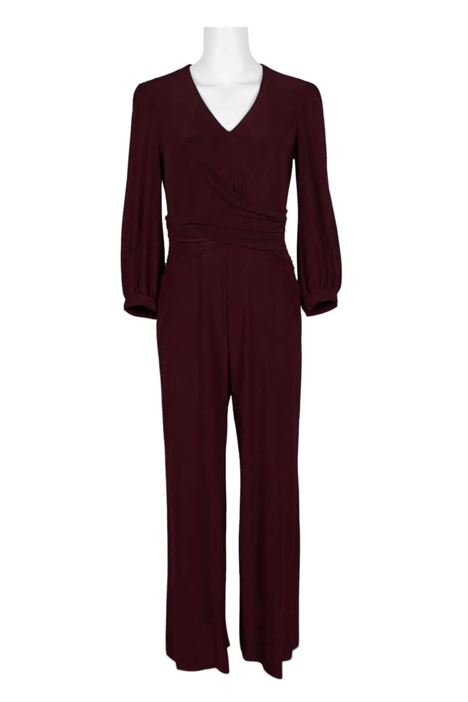 Taylor V-Neck Long Sleeve Ruched Zipper Back Solid Jersey Jumpsuit