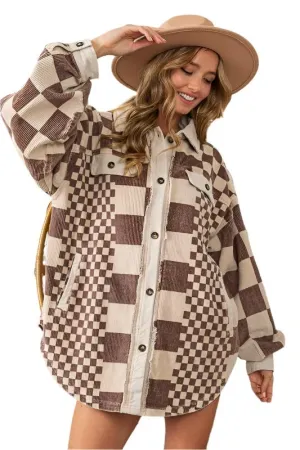 TEEK - Mocha Checkered Button Down Corduroy Shacket