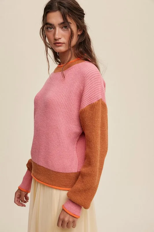 TEEK - Pink Color Block Ribbed Knit Sweater