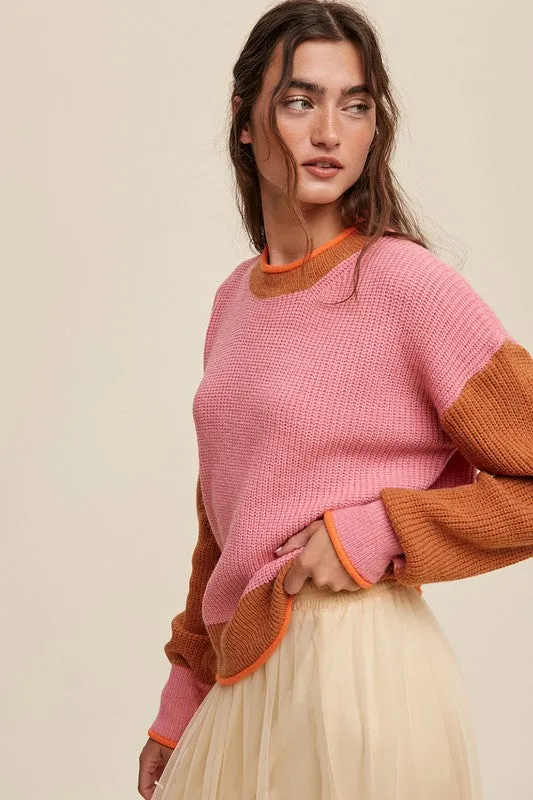 TEEK - Pink Color Block Ribbed Knit Sweater