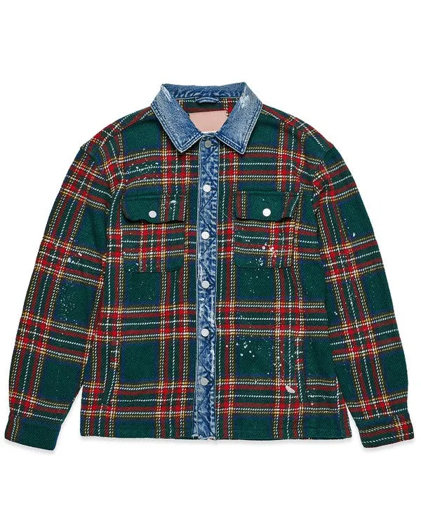 TEEK - Unisex Green Flannel Shacket With Denim Contrast