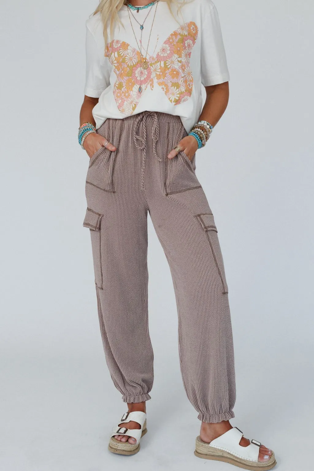 The Nest So Laid Back Textured Drawstring Pants - Acorn