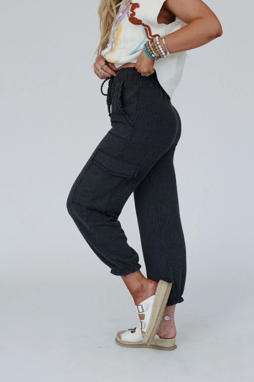 The Nest So Laid Back Textured Drawstring Pants - Charcoal