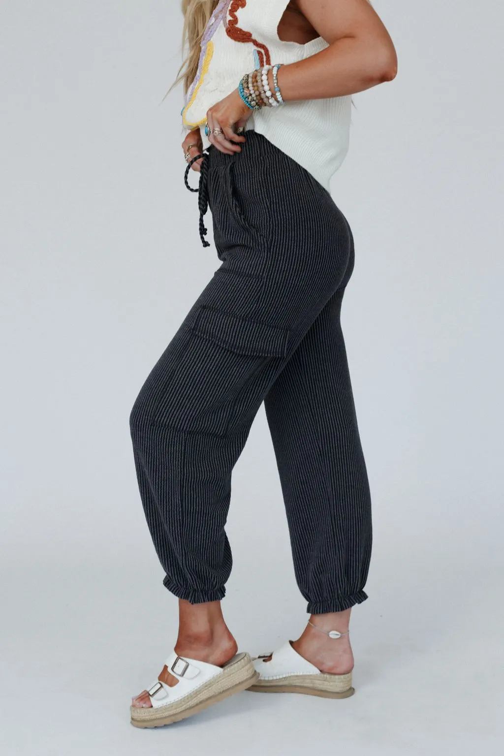 The Nest So Laid Back Textured Drawstring Pants - Charcoal