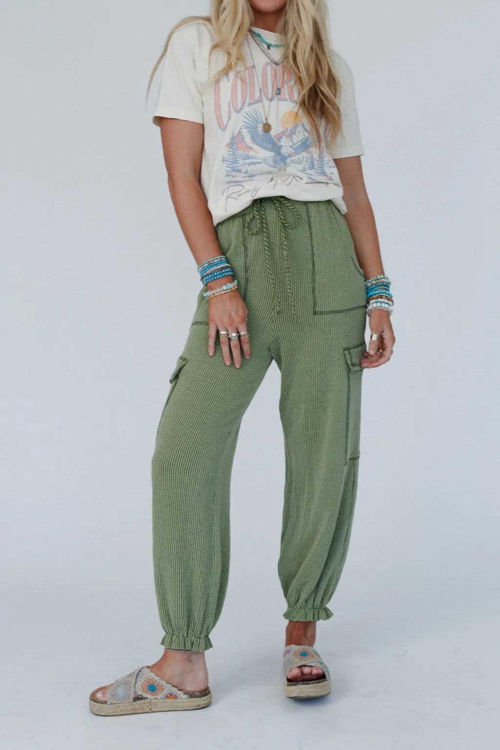 The Nest So Laid Back Textured Drawstring Pants - Green