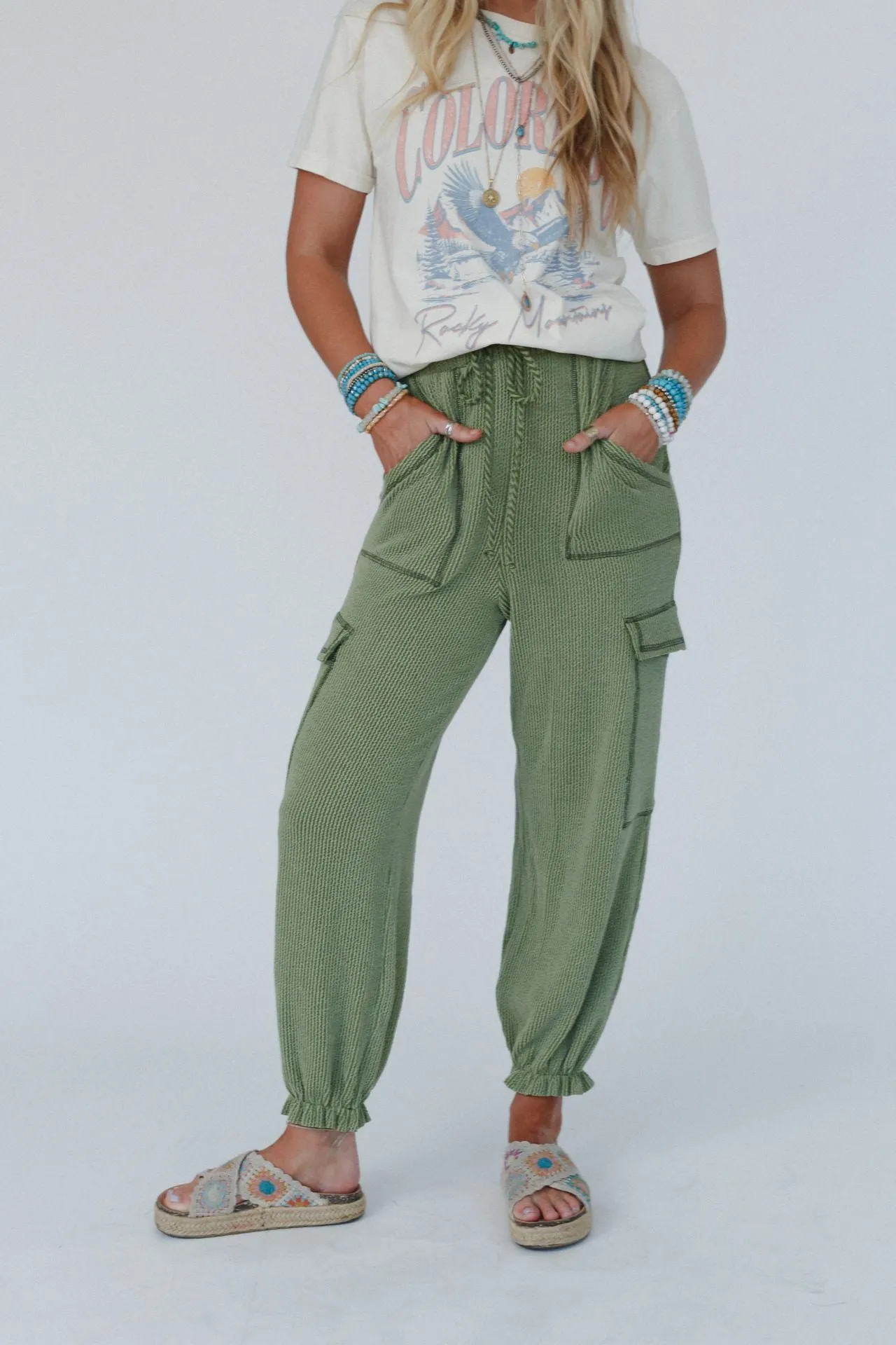 The Nest So Laid Back Textured Drawstring Pants - Green