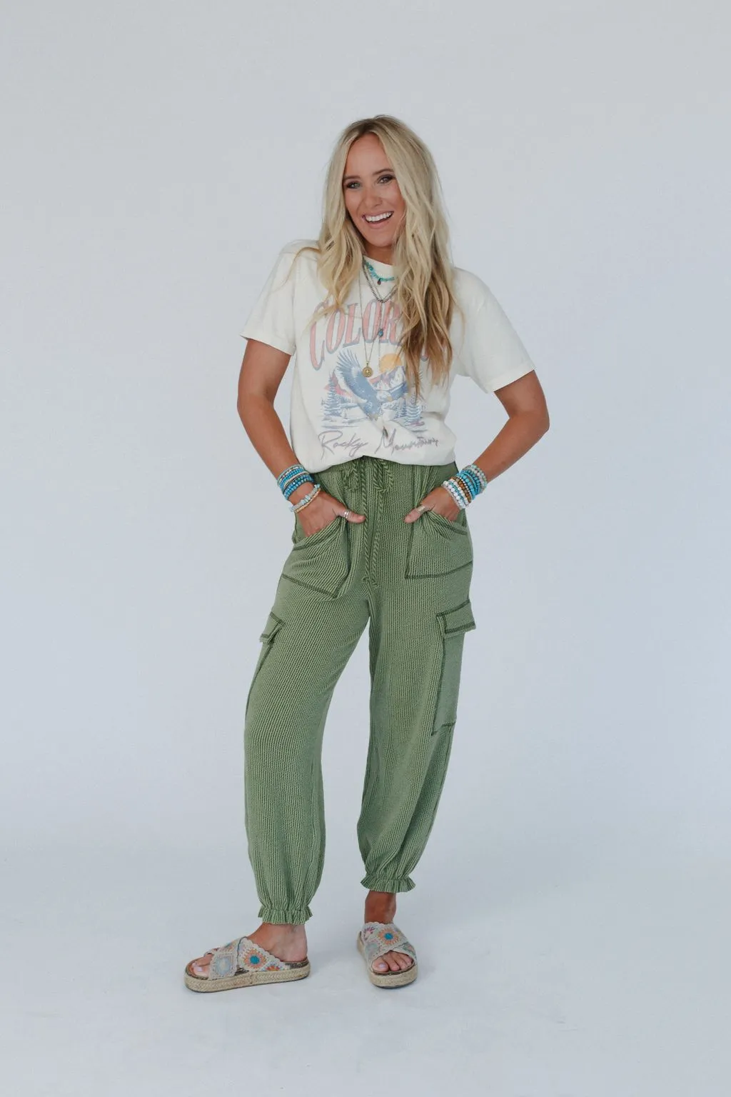 The Nest So Laid Back Textured Drawstring Pants - Green