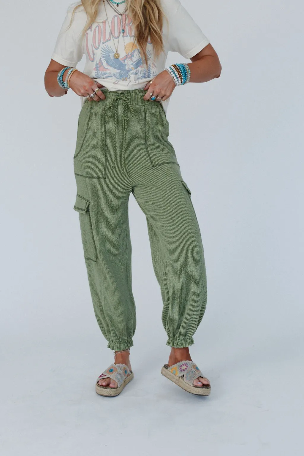 The Nest So Laid Back Textured Drawstring Pants - Green