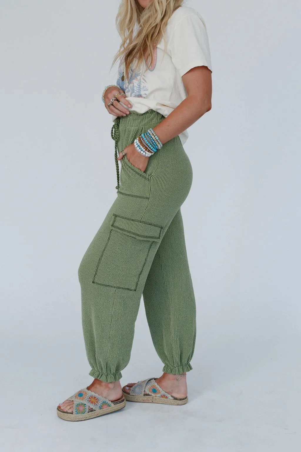 The Nest So Laid Back Textured Drawstring Pants - Green