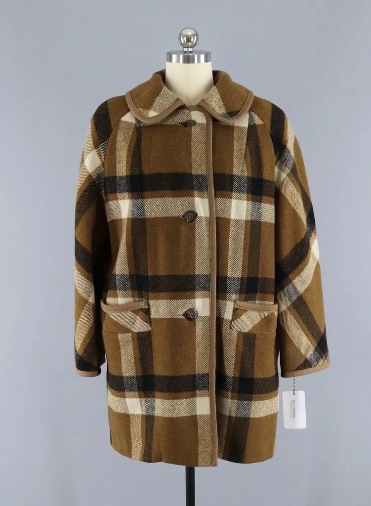 Vintage 1960s Betty Rose Winter Coat / Brown Plaid