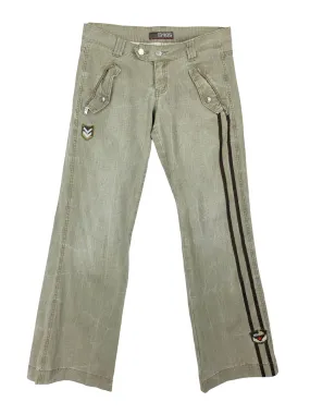 Vintage 2000s Y2K Preppy Utility Taupe Grey Cargo Style Jeans with Side Stripes & Military Patch Detail | 31 Inch Waist