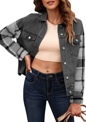 Washed Black   Black Plaid Women's Denim Oversized Plaid Shacket Jacket Vintage Shirt Jackets