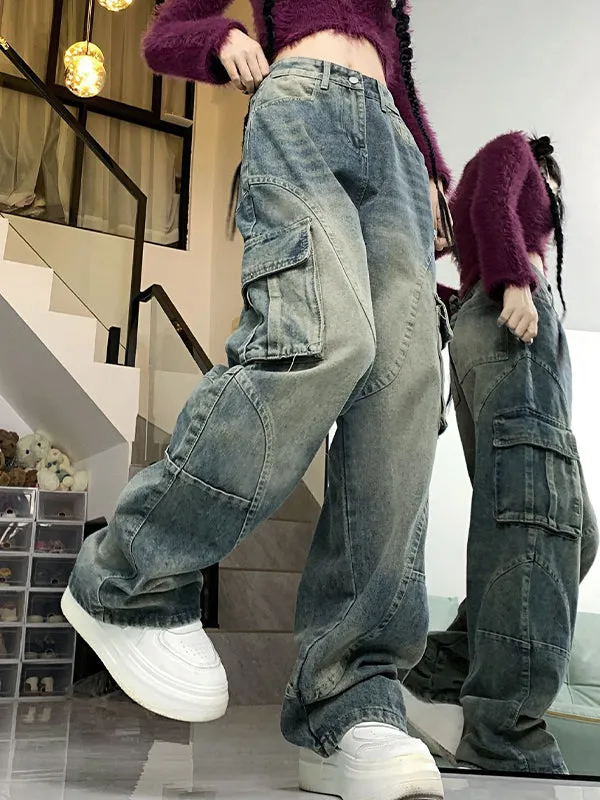 Wenkouban Hip Hop Multi Pockets Splice Cargo Jeans