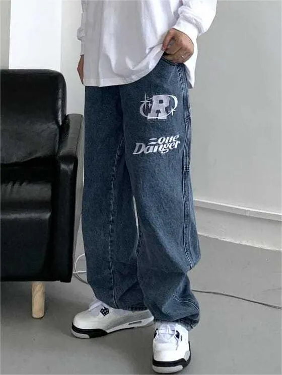 Wenkouban Hip hop straight leg baggy jeans with slogan