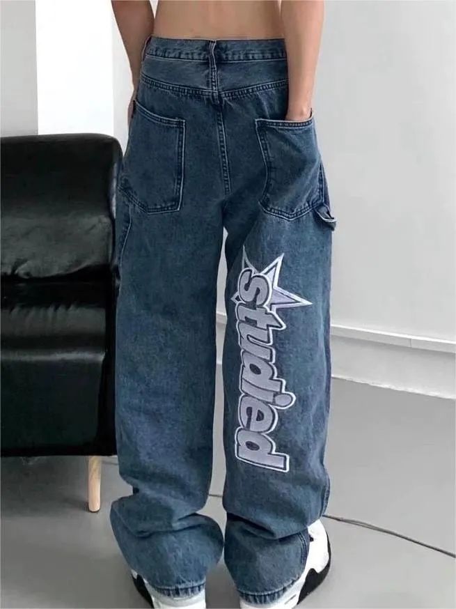 Wenkouban Hip hop straight leg baggy jeans with slogan