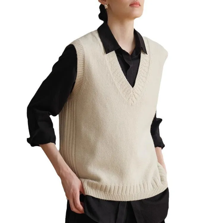 Wenkouban old money outfits men Ltyp Classic All-Match Wool V-neck Vest Women's Autumn Slimming Black Knitted