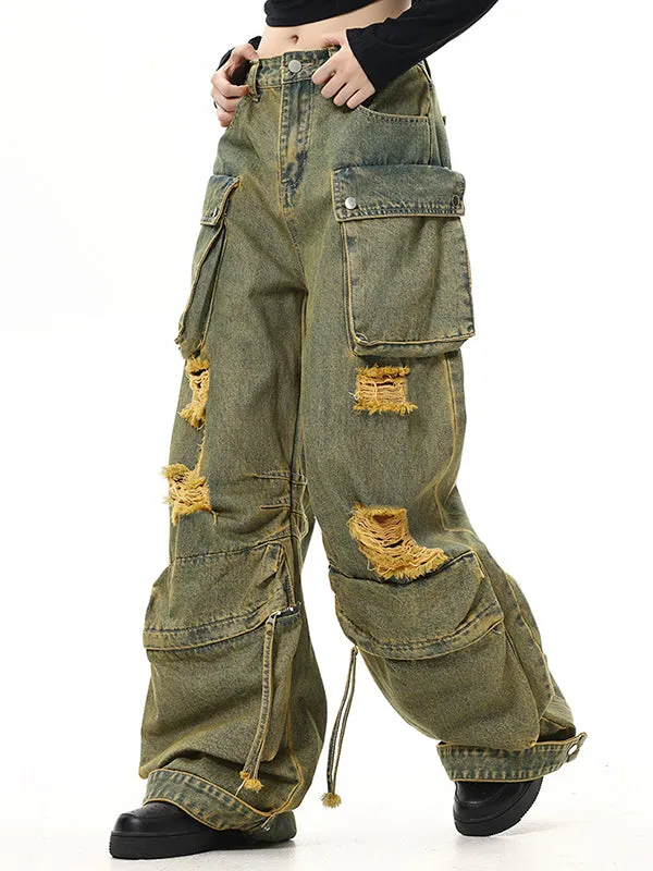 Wenkouban Vintage washed cargo jeans with holes