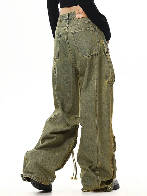 Wenkouban Vintage washed cargo jeans with holes