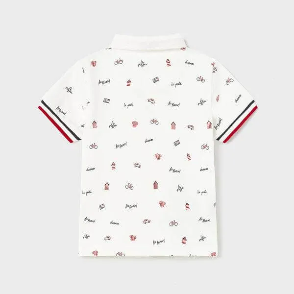 WHITE AND RED SHORT SLEEVE PRINT POLO T-SHIRT FOR BABY BOYS