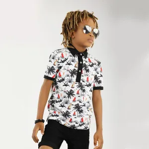 WHITE "PALM TREE & BOAT" GRAPHIC PRINT BOYS POLO TEE