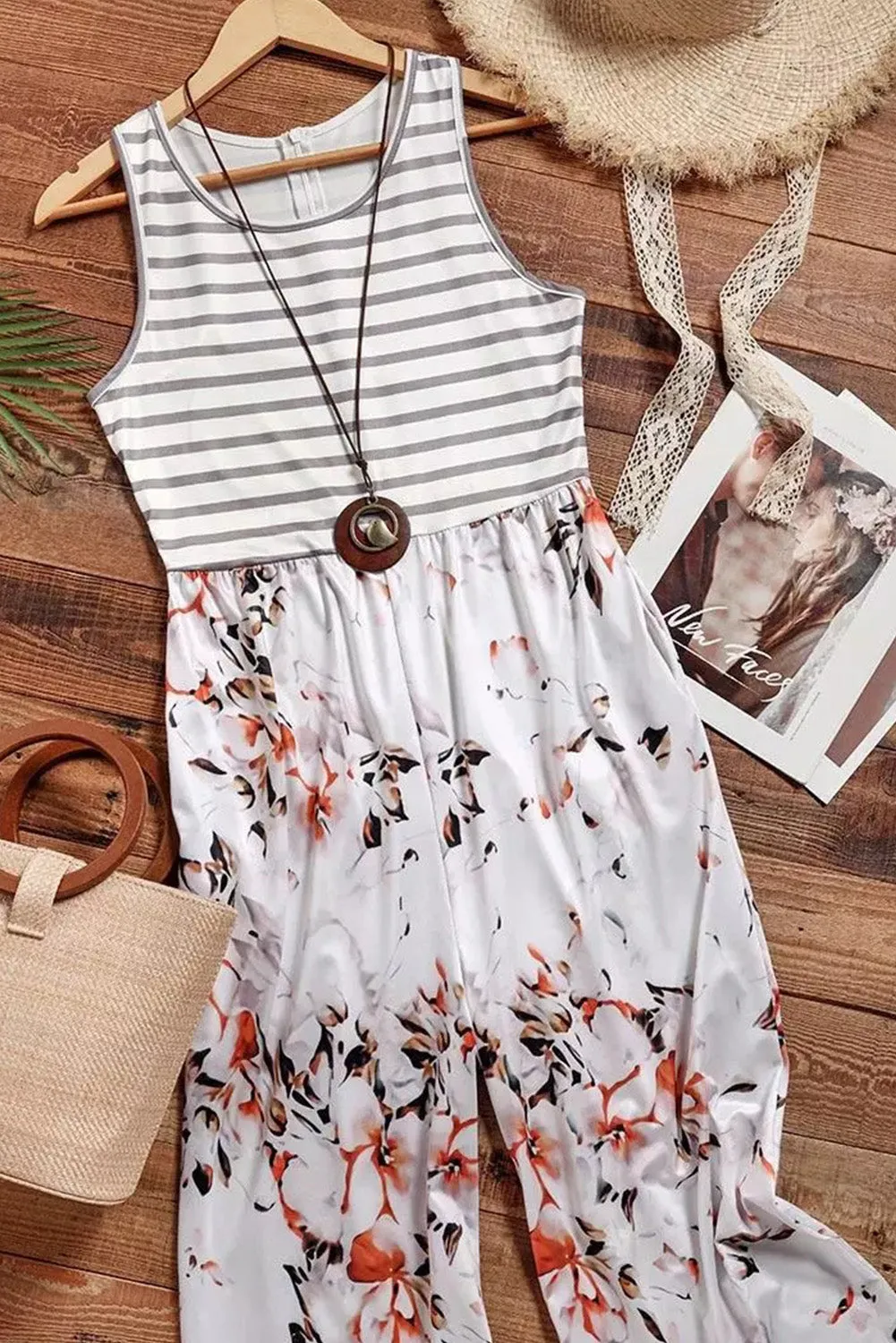 White Striped Floral Pocket Sleeveless Romper