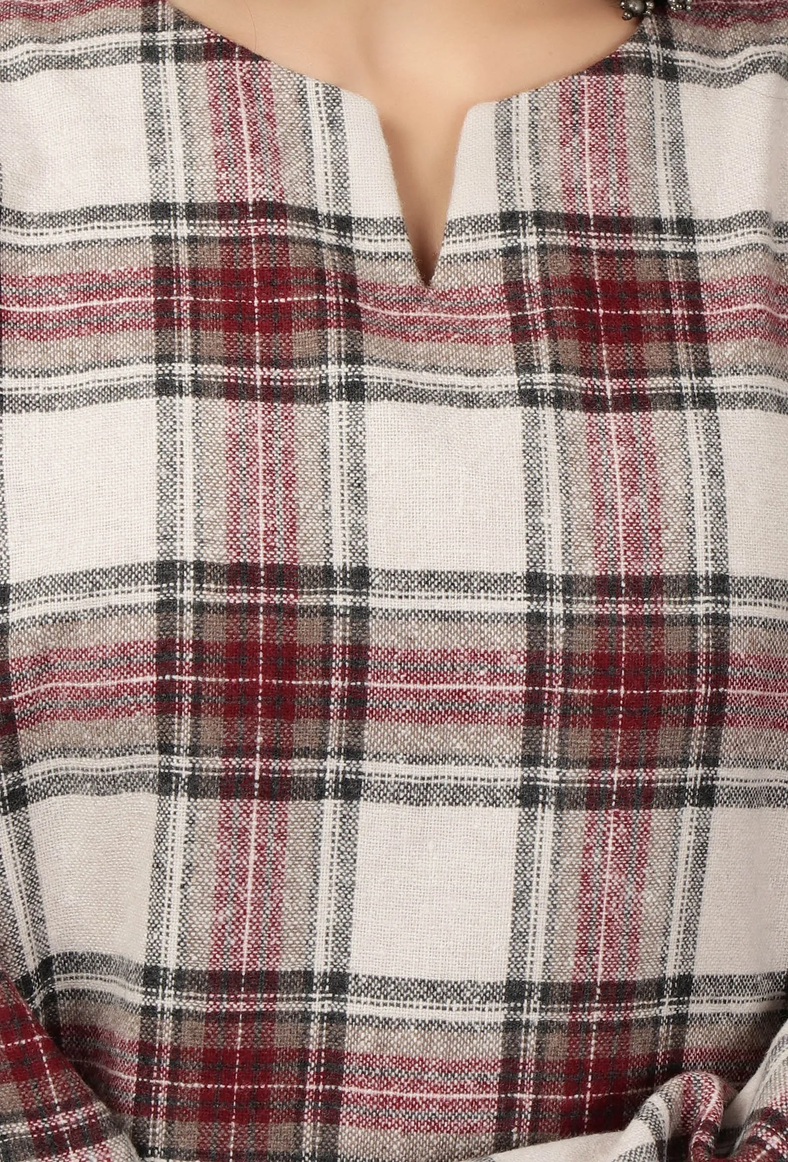 White Woven Tartan Checks Phiran Kurta With Pockets