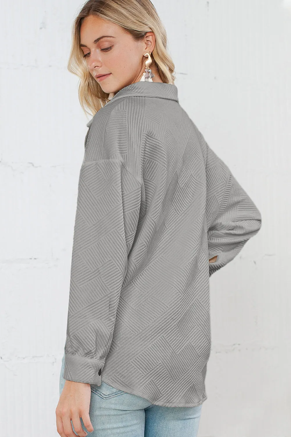 Wholesale Gray Solid Textured Flap Pocket Buttoned Shacket