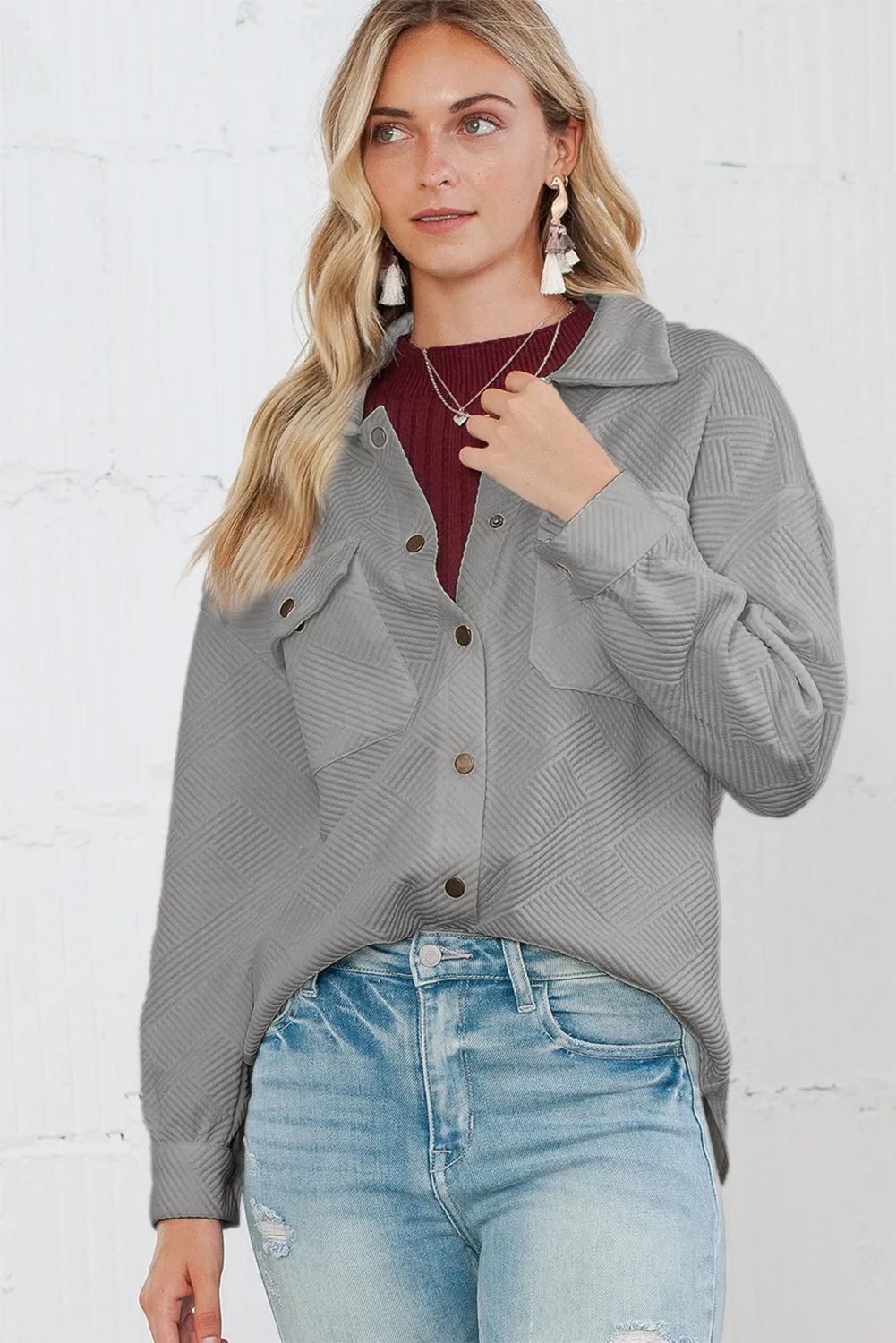 Wholesale Gray Solid Textured Flap Pocket Buttoned Shacket