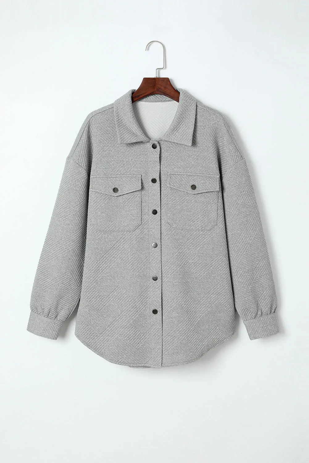 Wholesale Gray Solid Textured Flap Pocket Buttoned Shacket