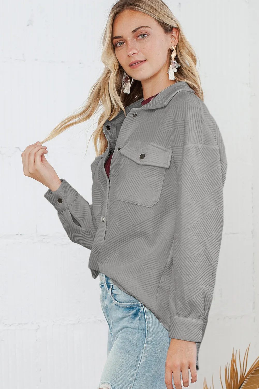 Wholesale Gray Solid Textured Flap Pocket Buttoned Shacket