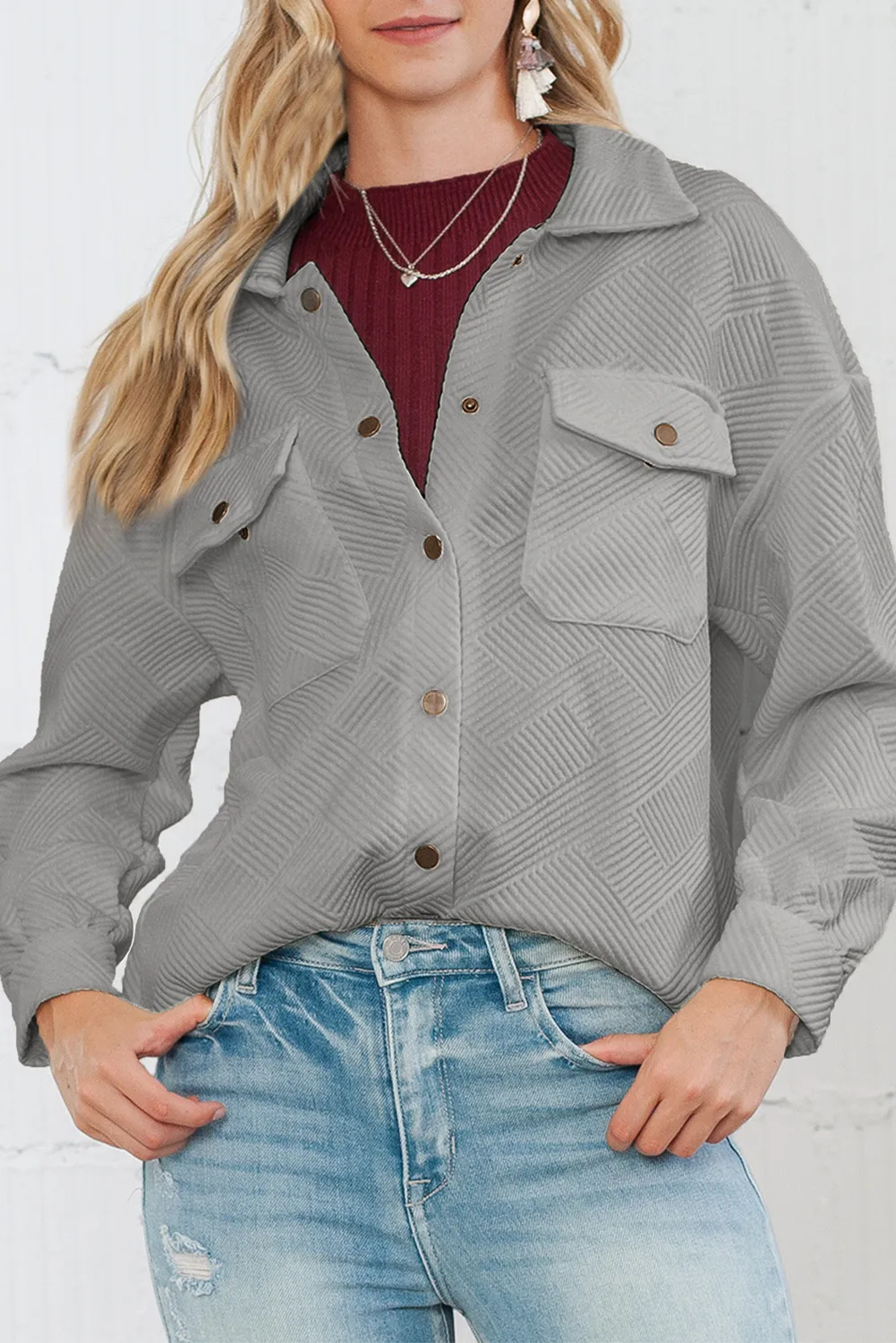 Wholesale Gray Solid Textured Flap Pocket Buttoned Shacket