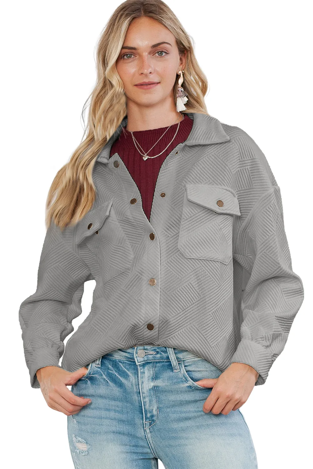 Wholesale Gray Solid Textured Flap Pocket Buttoned Shacket