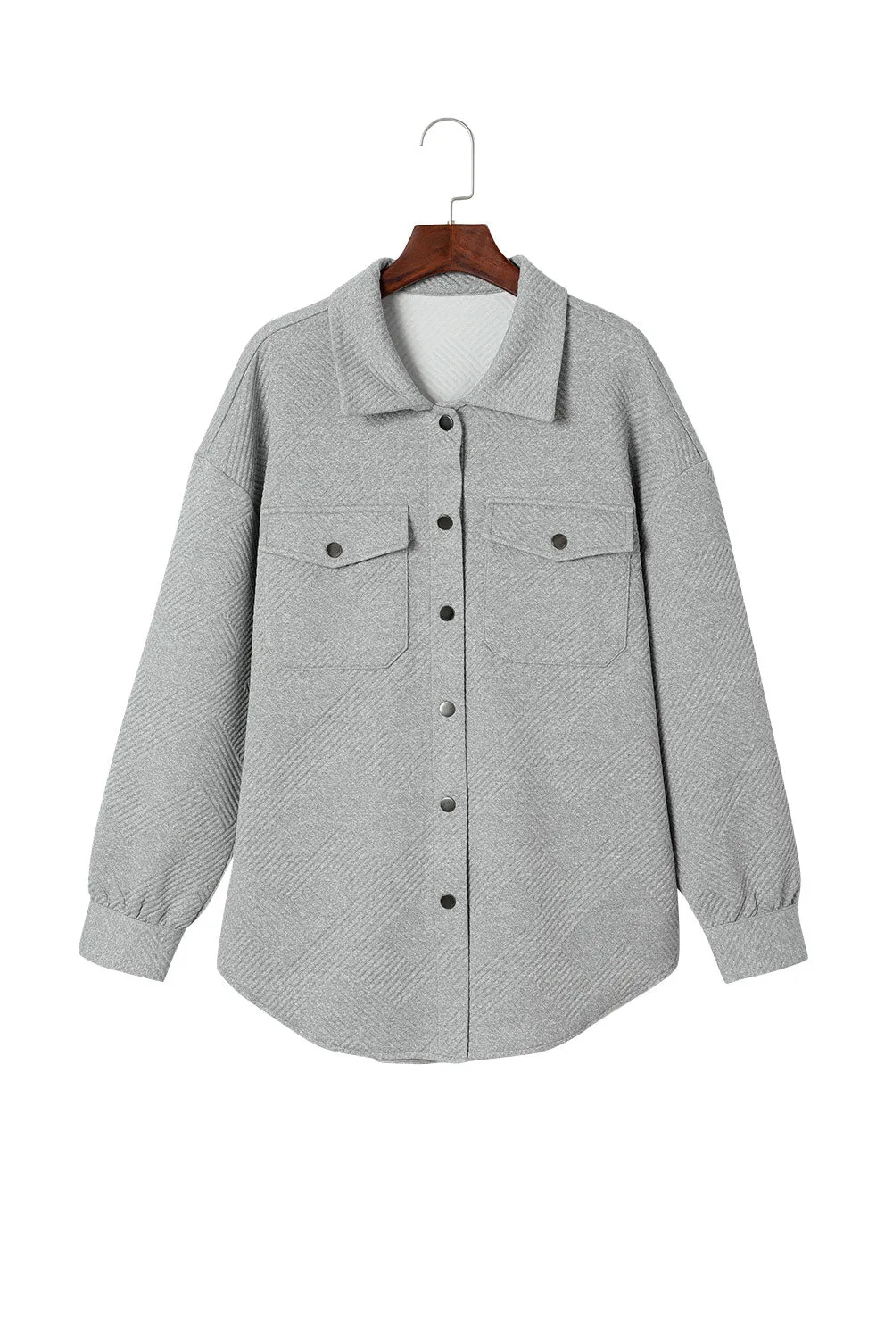 Wholesale Gray Solid Textured Flap Pocket Buttoned Shacket