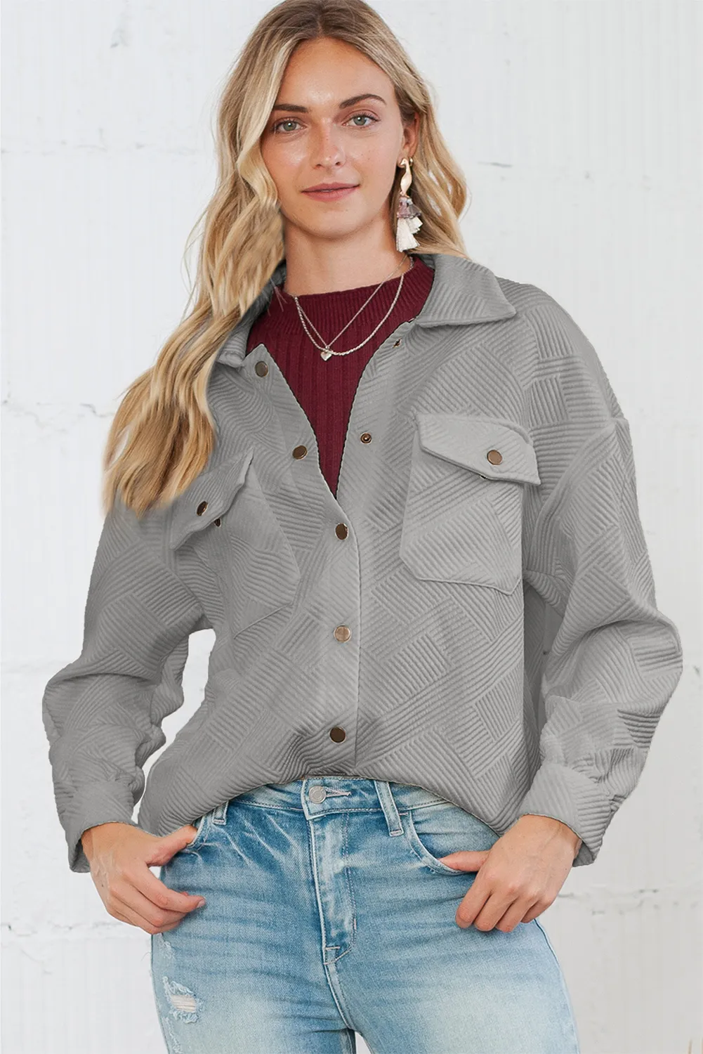 Wholesale Gray Solid Textured Flap Pocket Buttoned Shacket