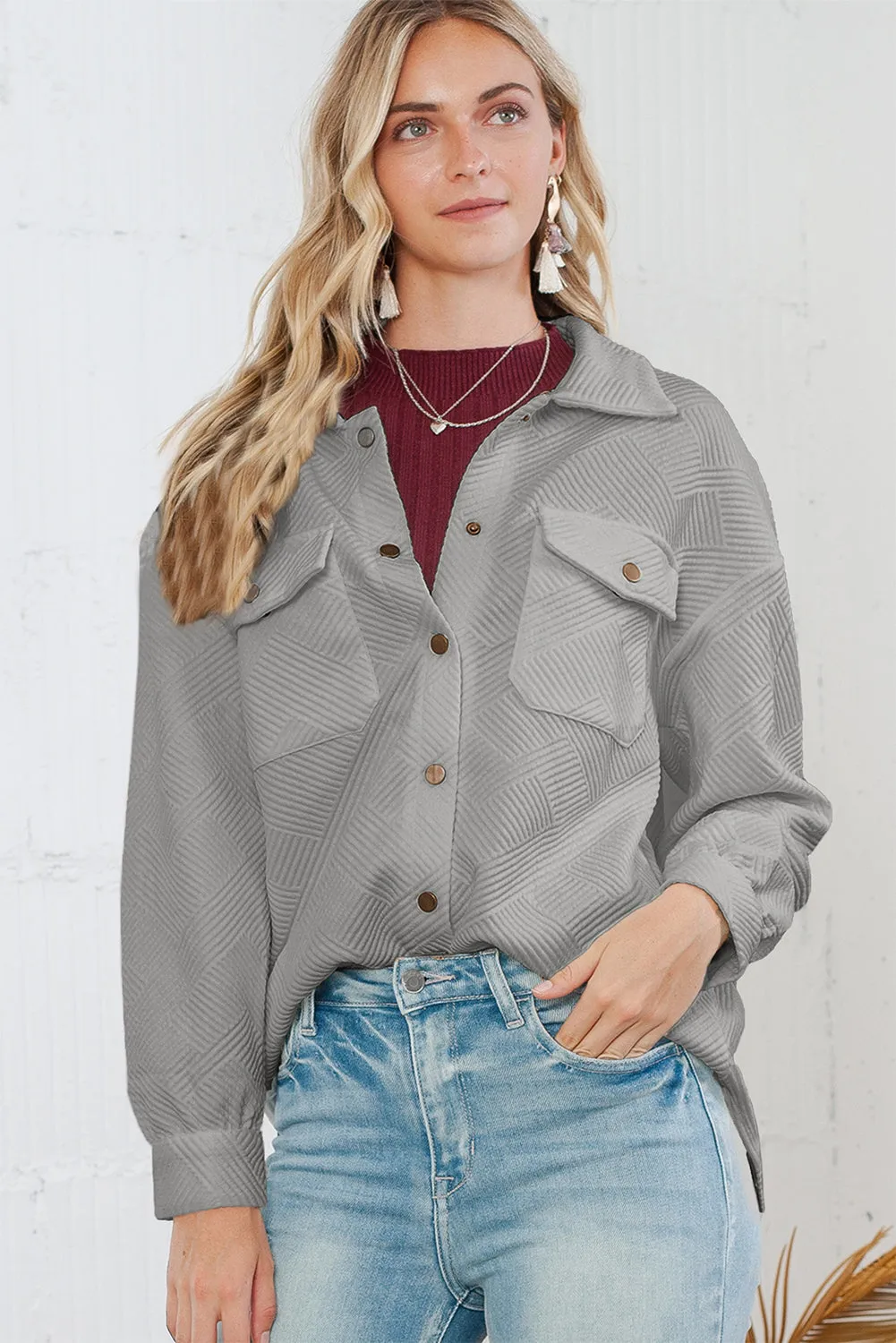 Wholesale Gray Solid Textured Flap Pocket Buttoned Shacket