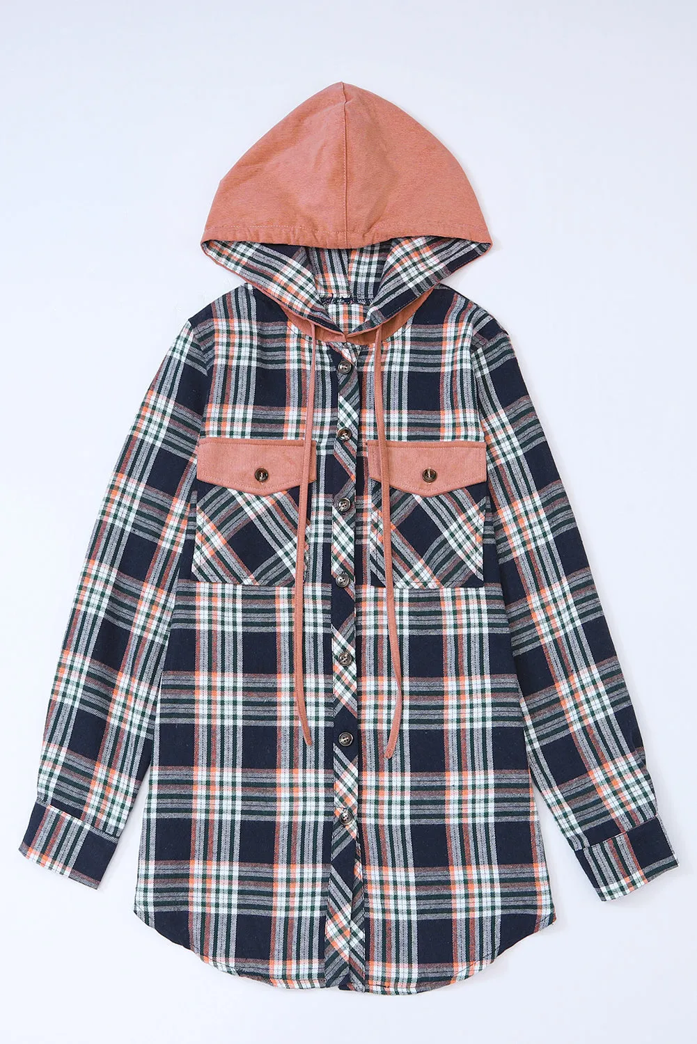 Wholesale Pink Plaid Contrast Hooded Drawstring Shacket