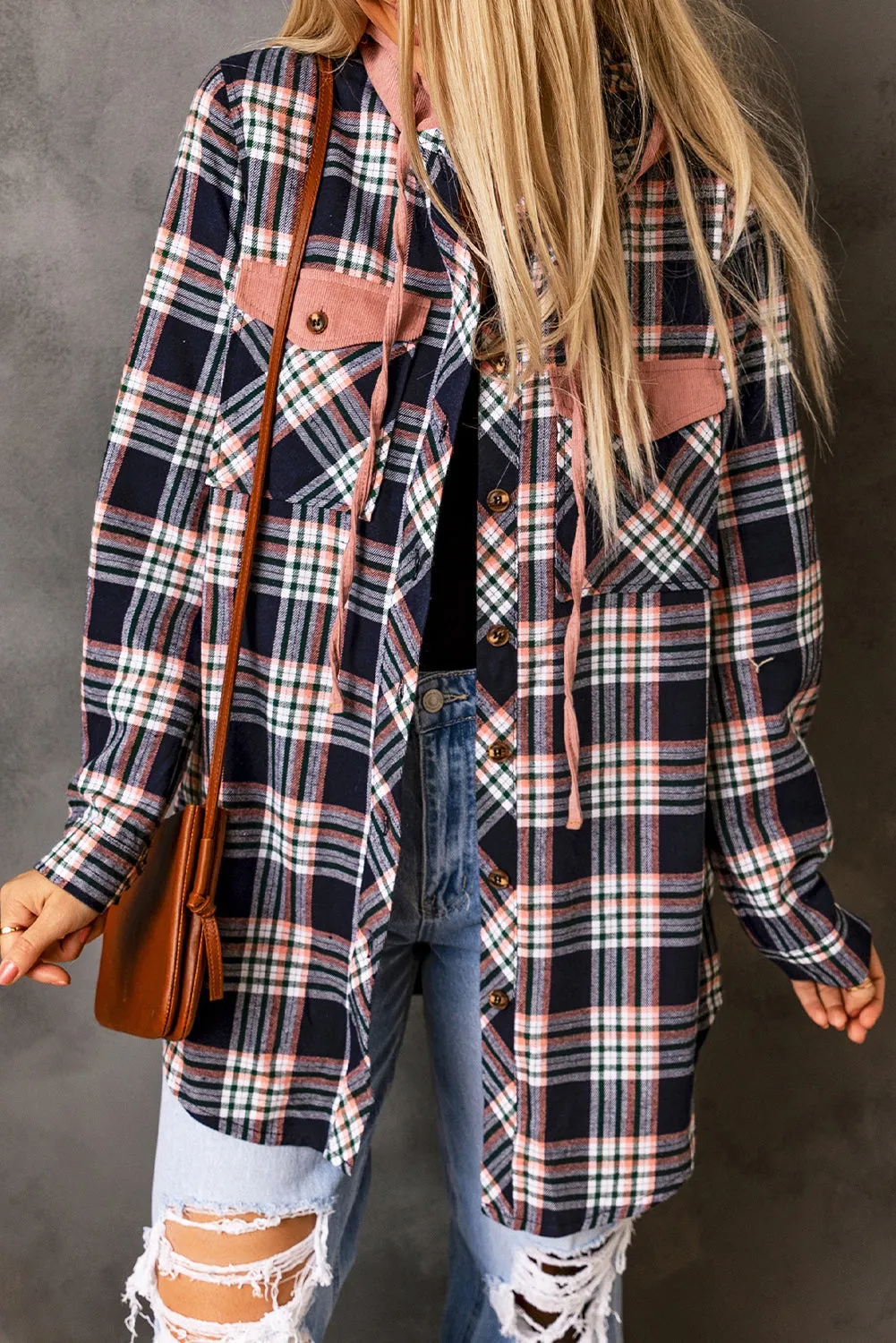 Wholesale Pink Plaid Contrast Hooded Drawstring Shacket