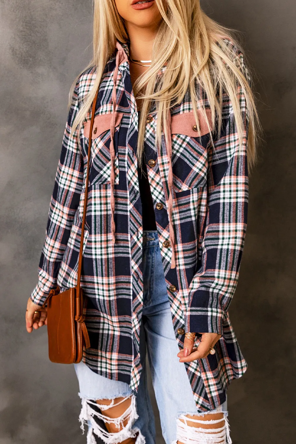 Wholesale Pink Plaid Contrast Hooded Drawstring Shacket