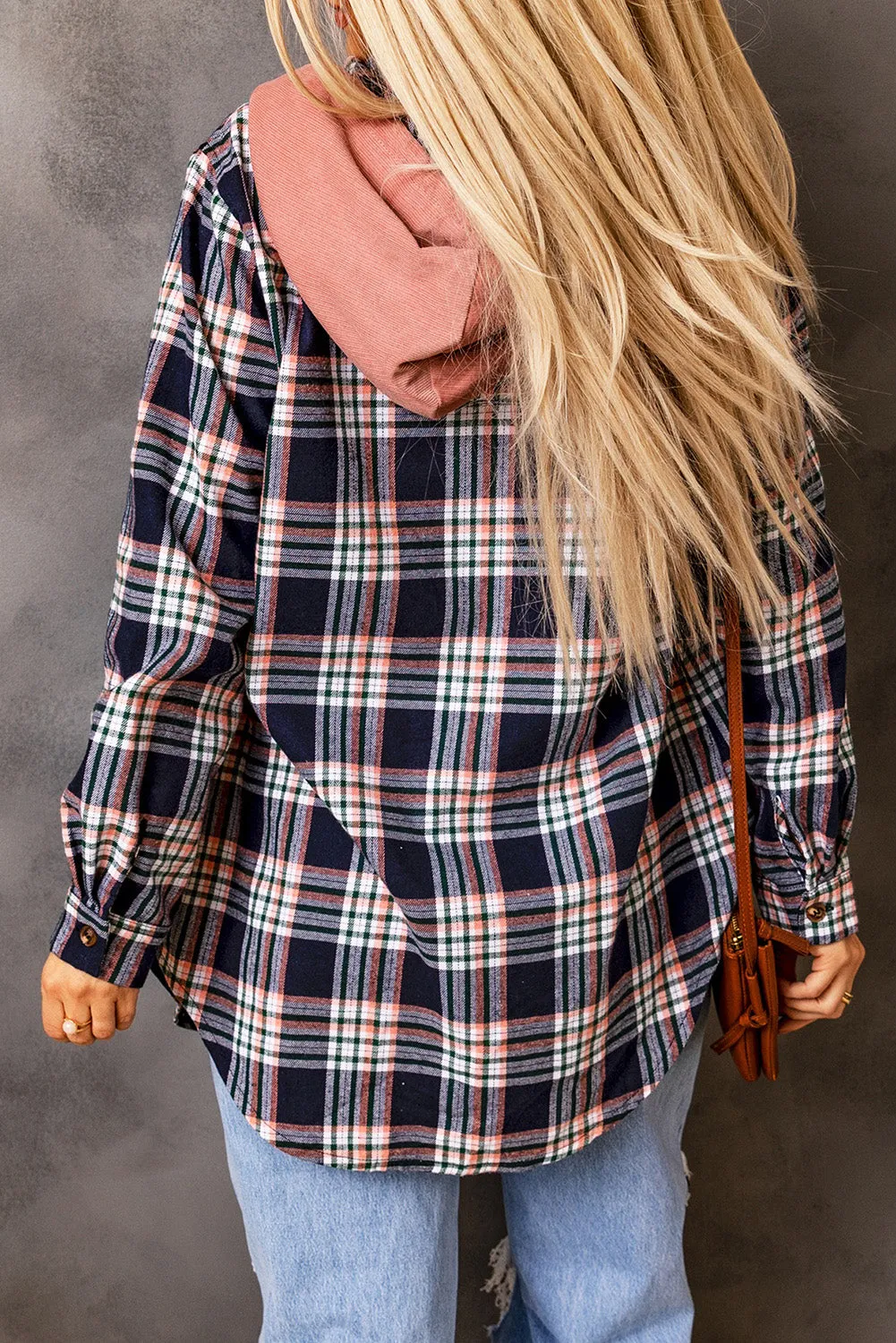 Wholesale Pink Plaid Contrast Hooded Drawstring Shacket