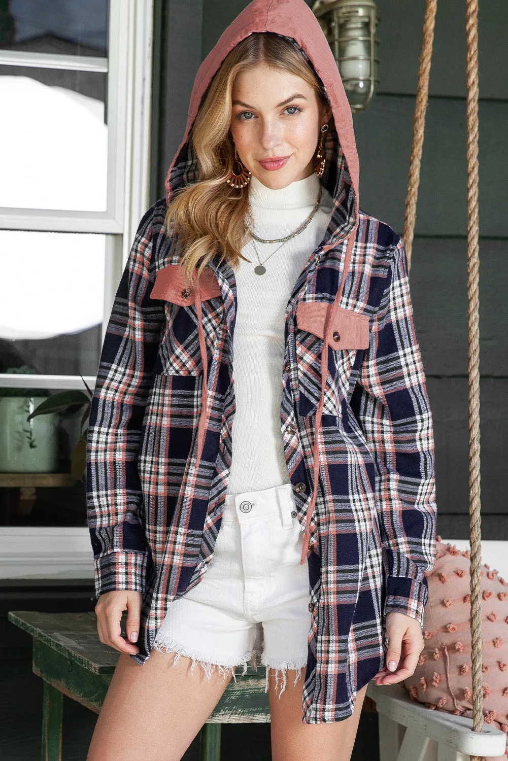 Wholesale Pink Plaid Contrast Hooded Drawstring Shacket