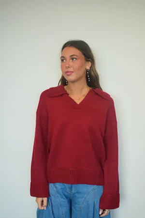 Wide Collar Knit Sweater- Red